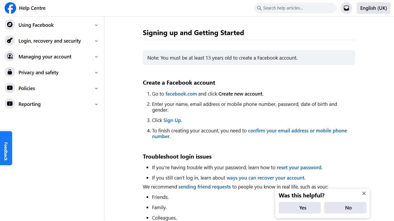 Signing up and Getting Started Facebook Help Centre